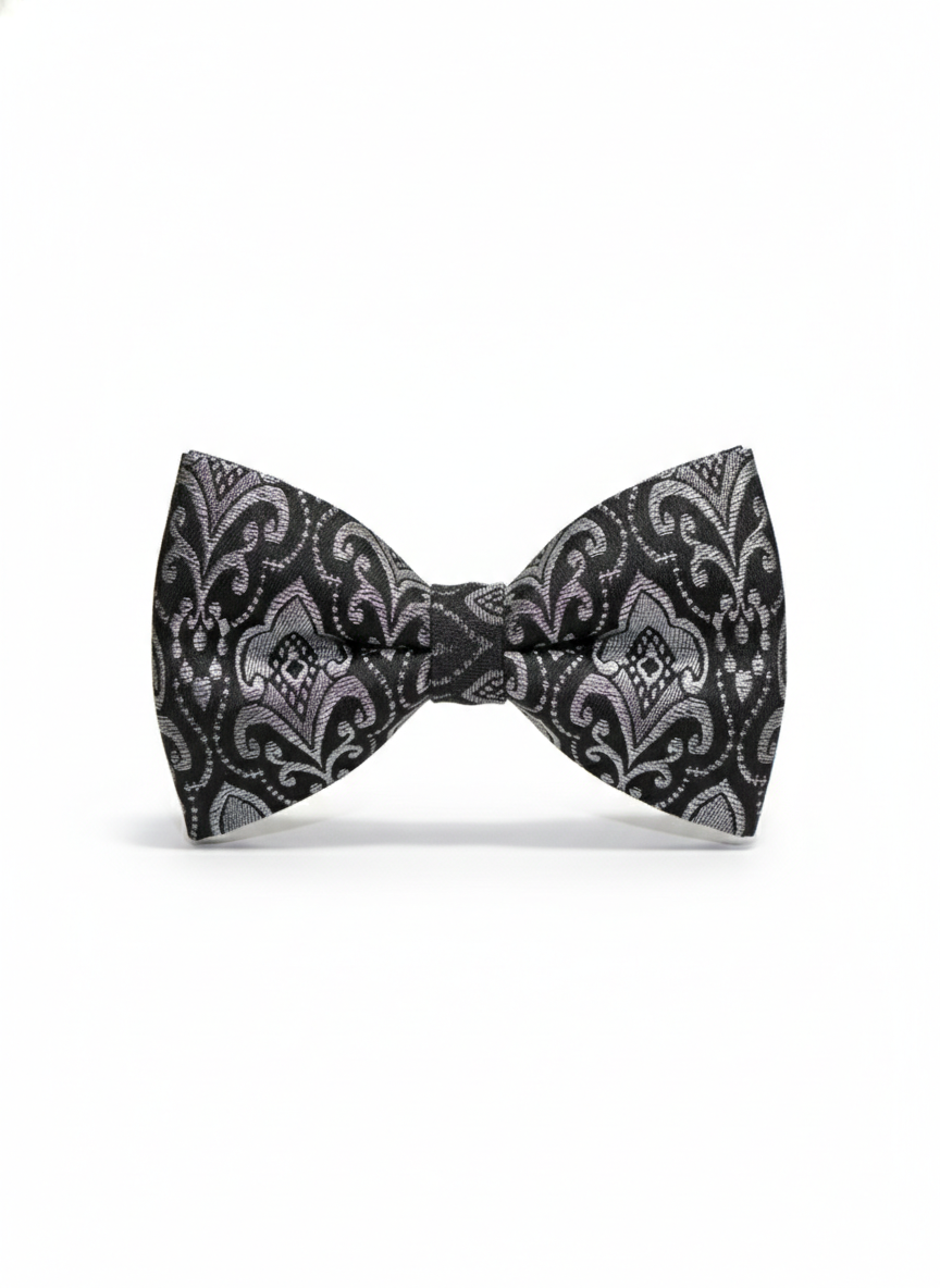 Sophisticated Black and Silver Baroque Motif Men's Bow Tie