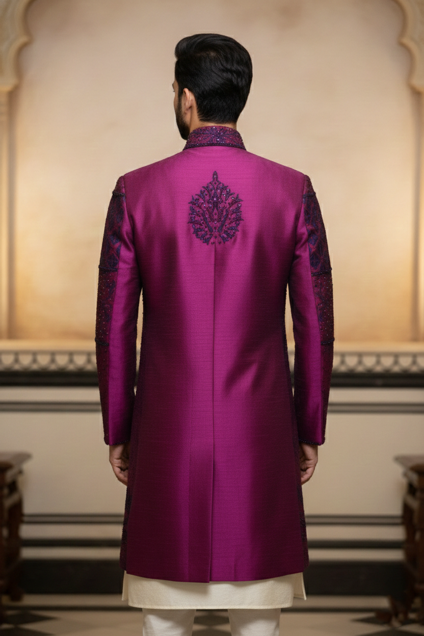 The Royal Amethyst: Hand-Beaded Deep Wine Sherwani