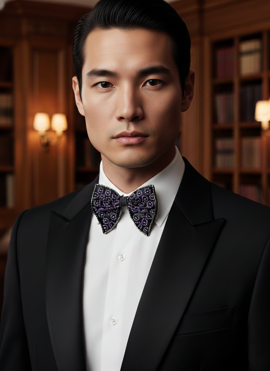 Chic Black Bowtie Featuring Purple Leopard Print Beadwork