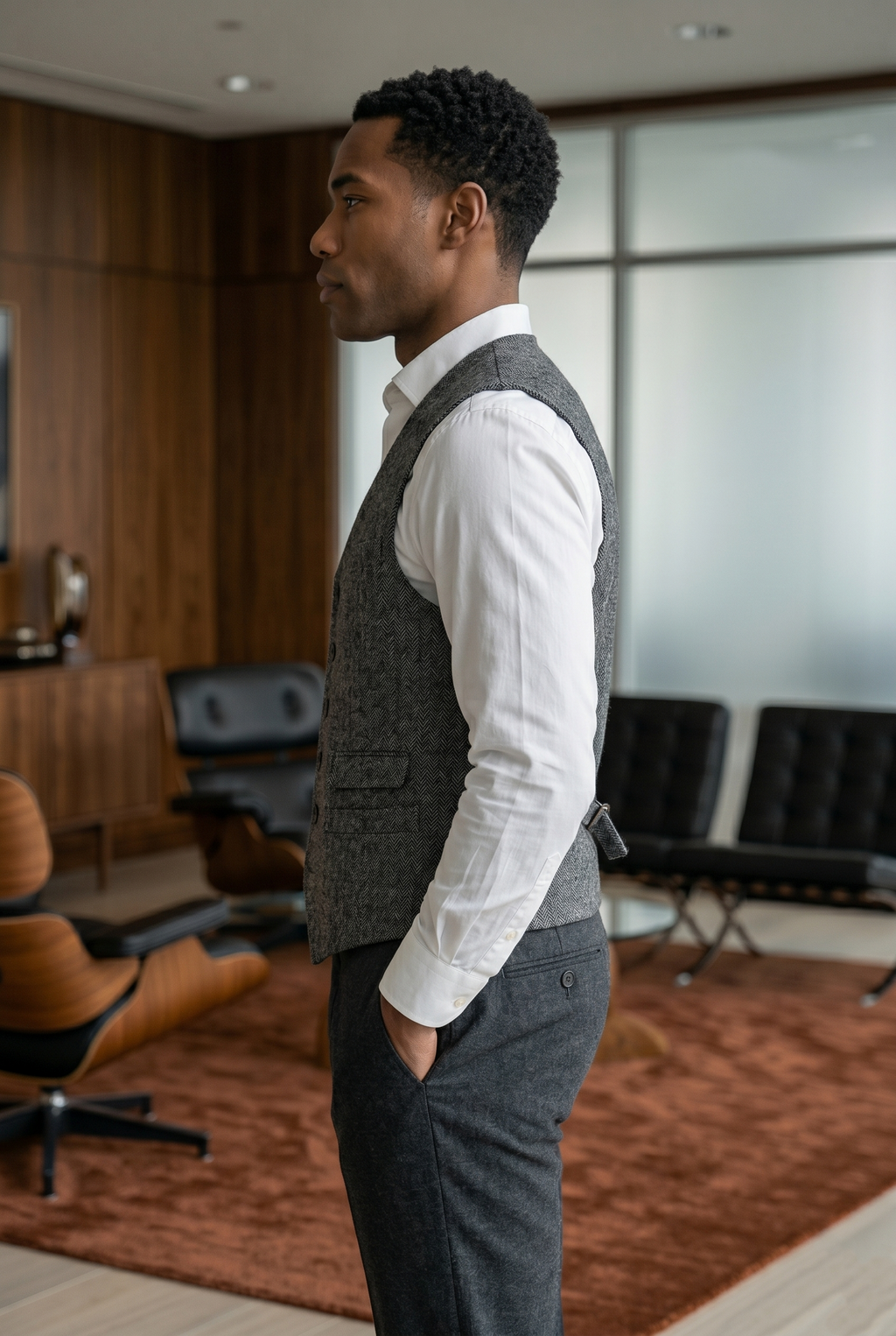 Men's Slim Fit Tweed Waistcoat Vintage Lapel Dress Suit Vest Charcoal Grey