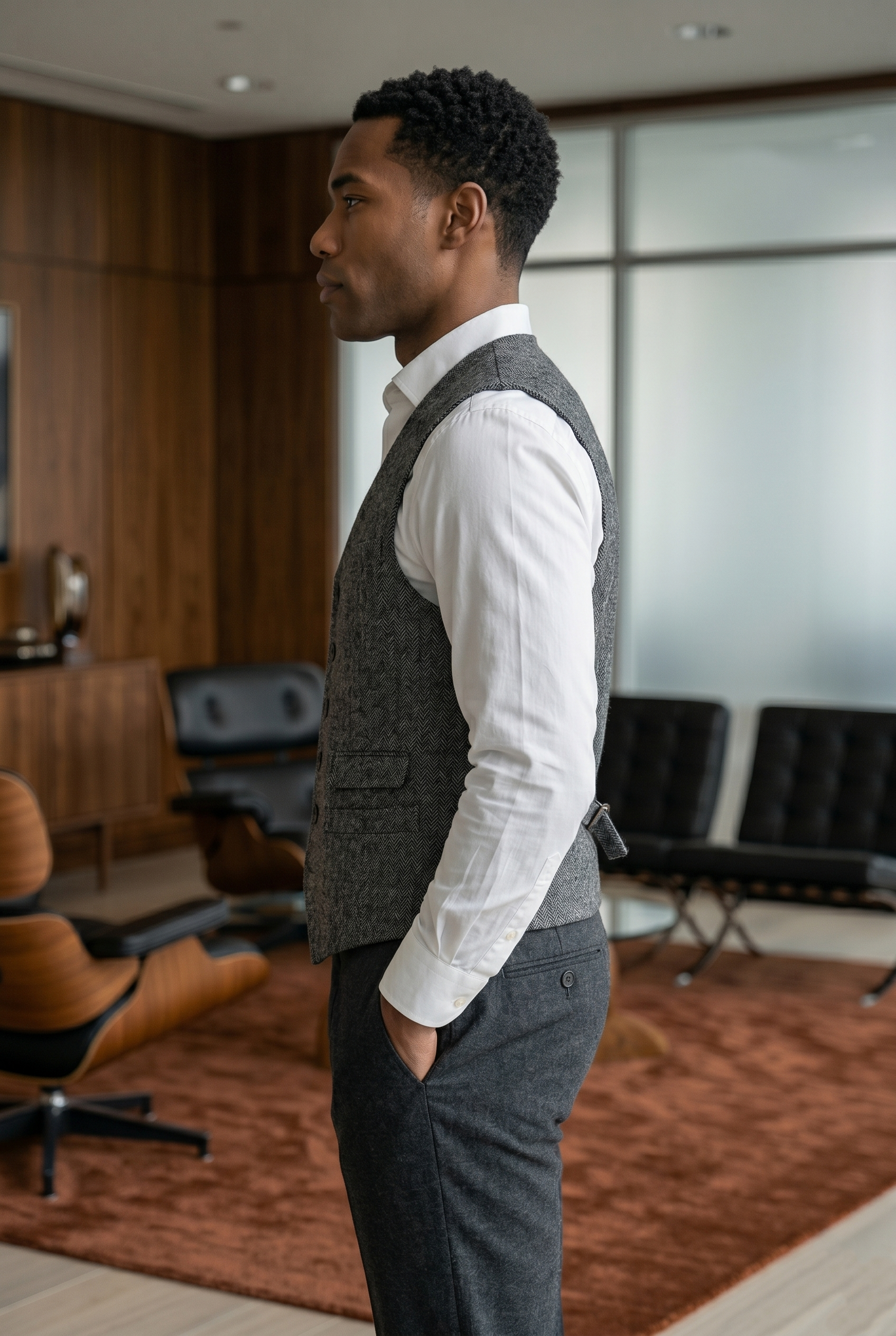 Men's Slim Fit Tweed Waistcoat Vintage Lapel Dress Suit Vest Charcoal Grey