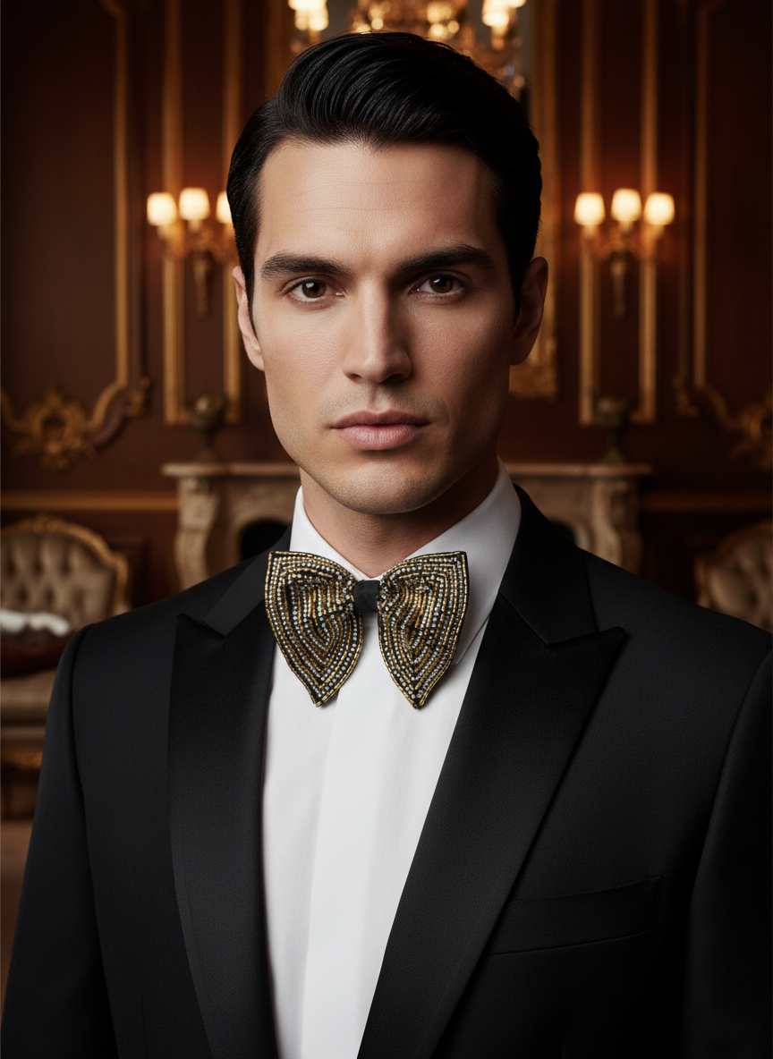 Luxury Black Bowtie with Gold and Silver Geometric Beadwork