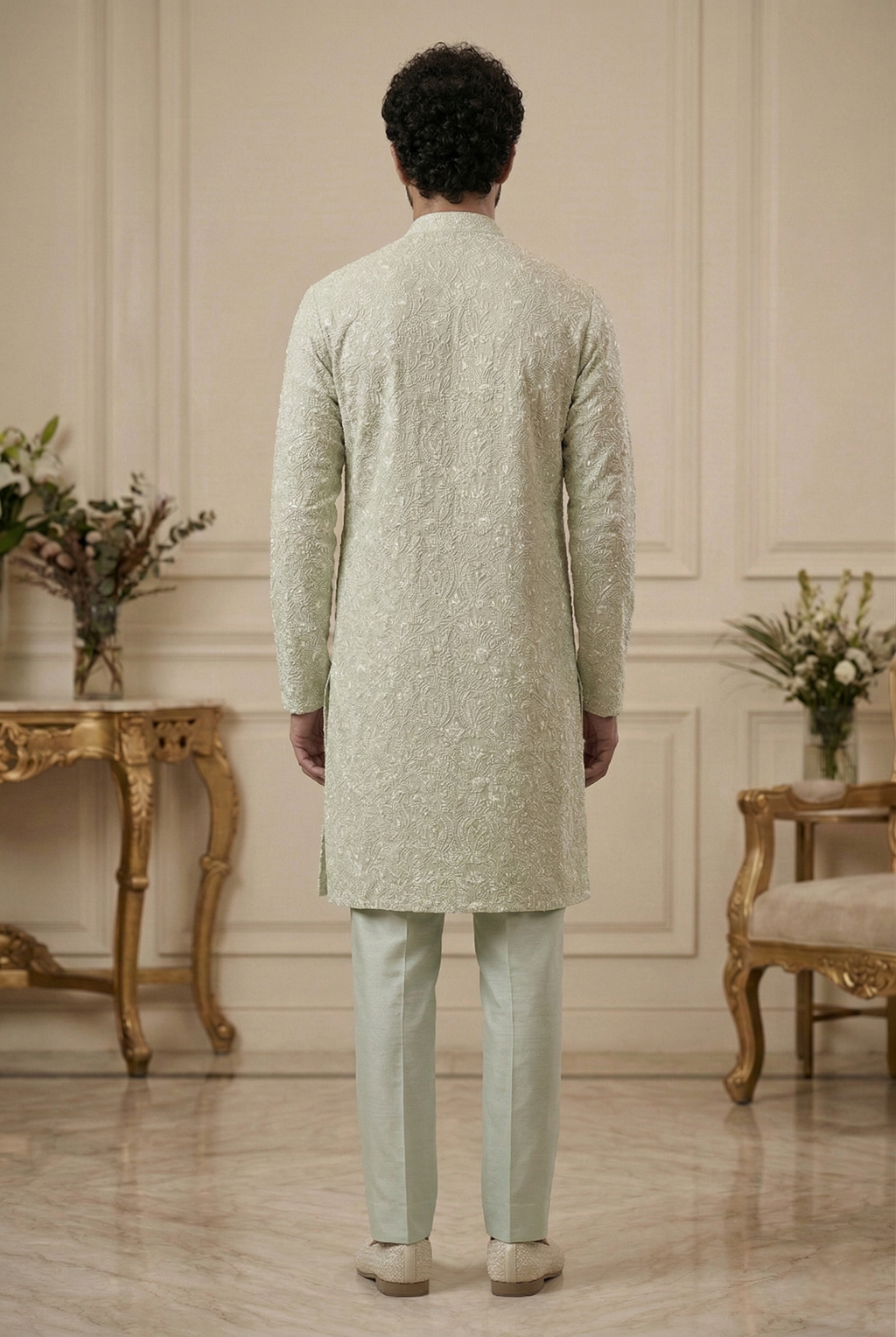 Men’s Mint Green Embroidered Partywear Kurta  Pajama