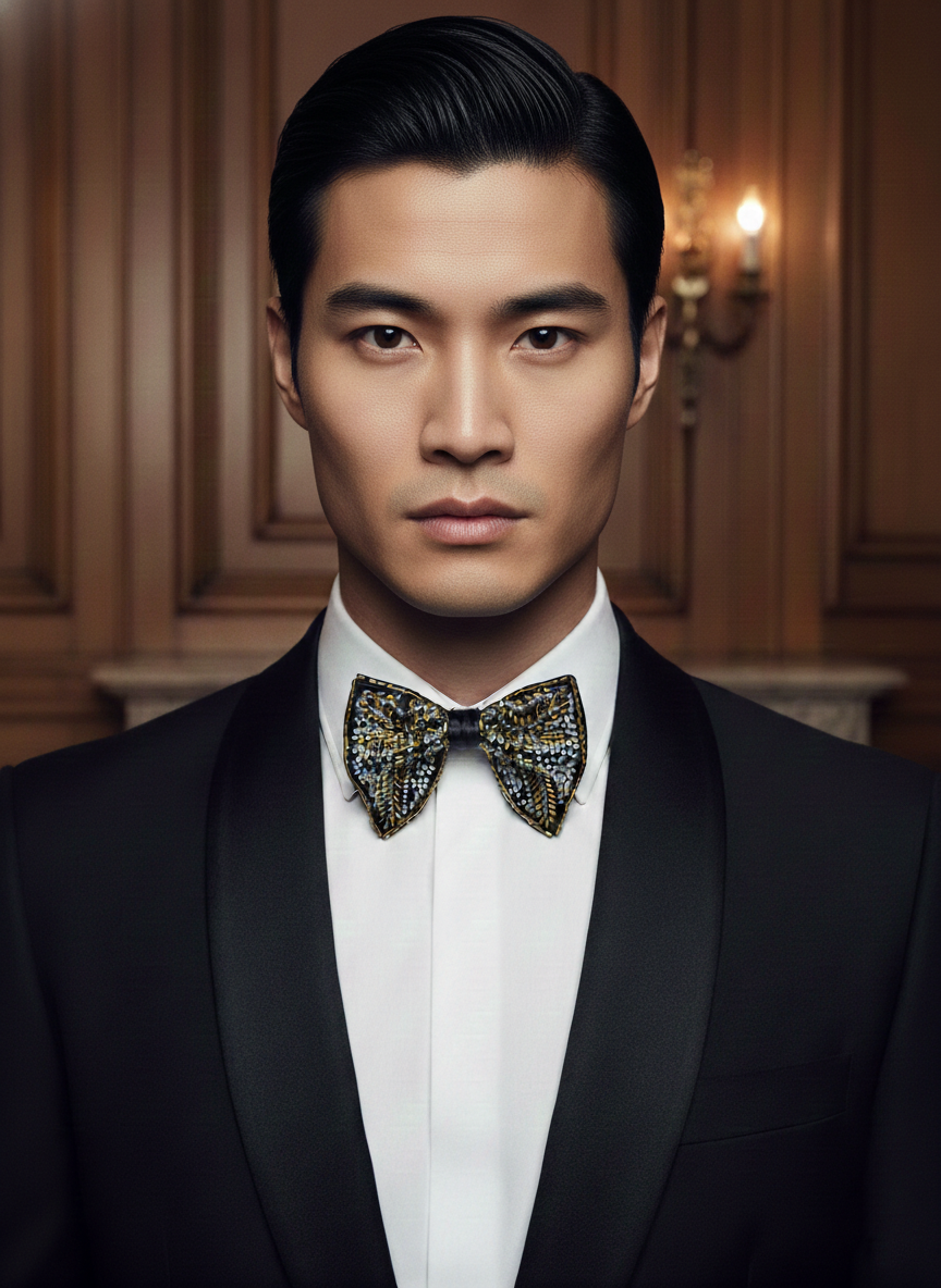 Glamorous Gold Silver and Black Beaded Statement Bow Tie Accessory
