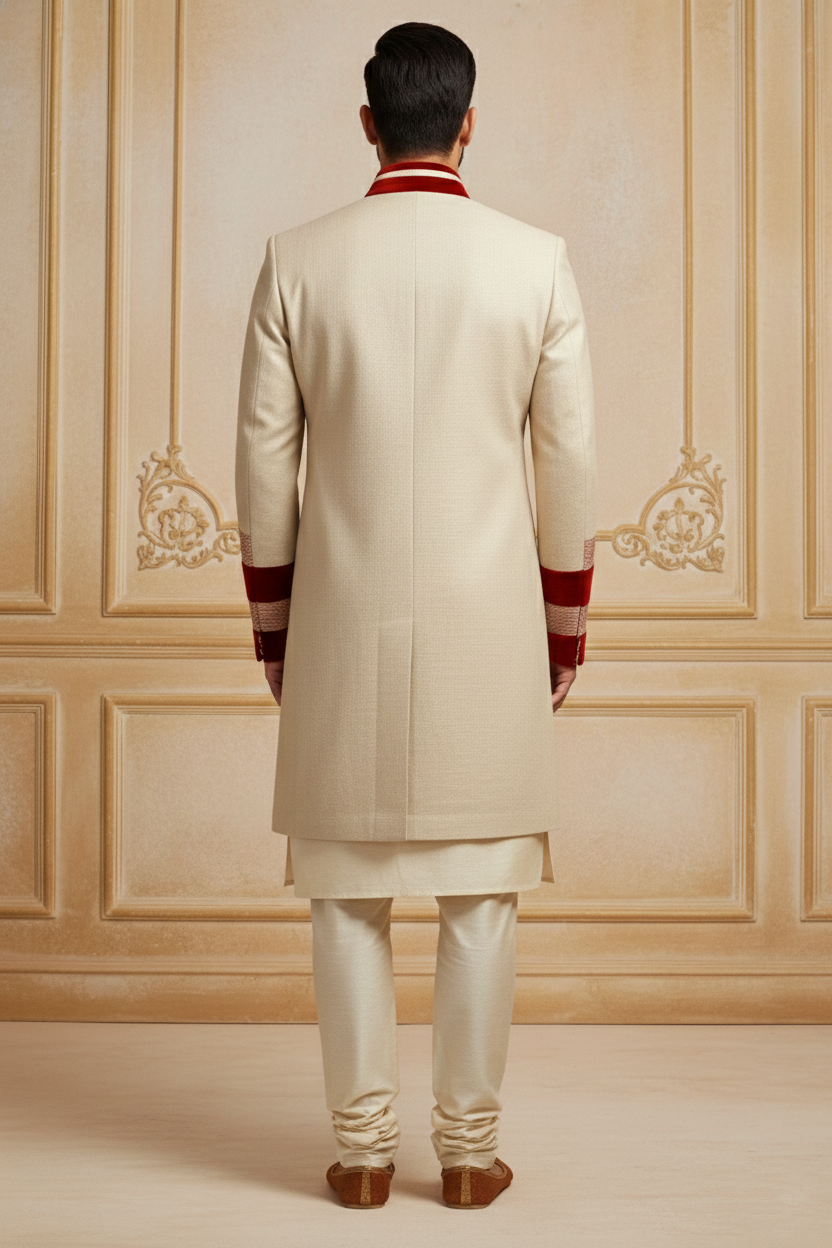 Crimson-Accented Cream Minimalist Indo-Western Sherwani