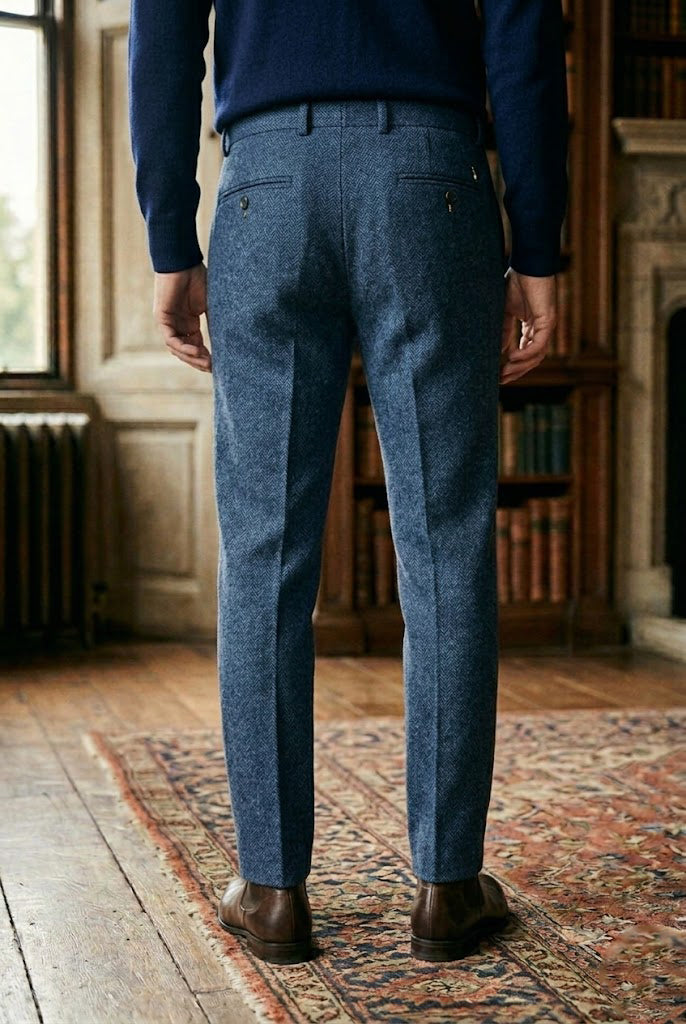 Men's Indigo Blue Herringbone Tweed Tailored Trousers