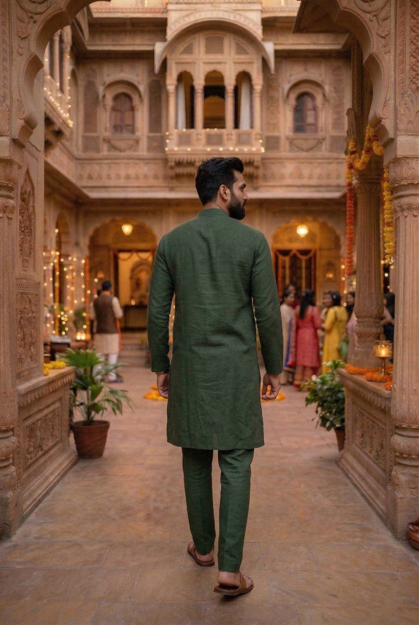 Men's Olive Green Cotton Linen Plain Kurta Pajama  Set
