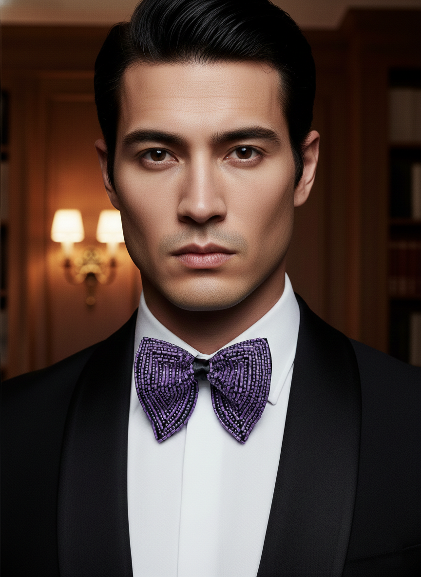 Exquisite Black Bowtie with Geometric Purple Bugle Beads