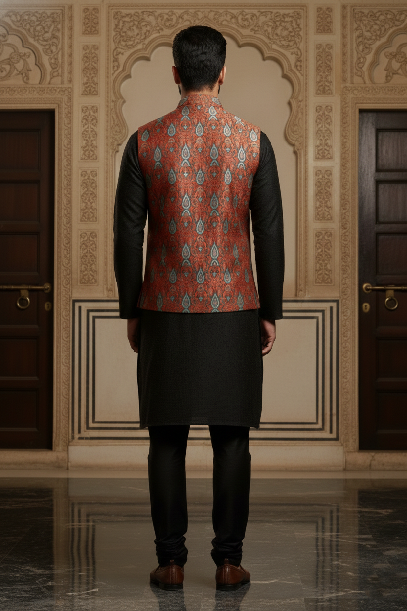 Men’s Rust Orange Printed Nehru Jacket | Ethnic Patterned Mandarin Collar Waistcoat for Festive & Wedding Wear