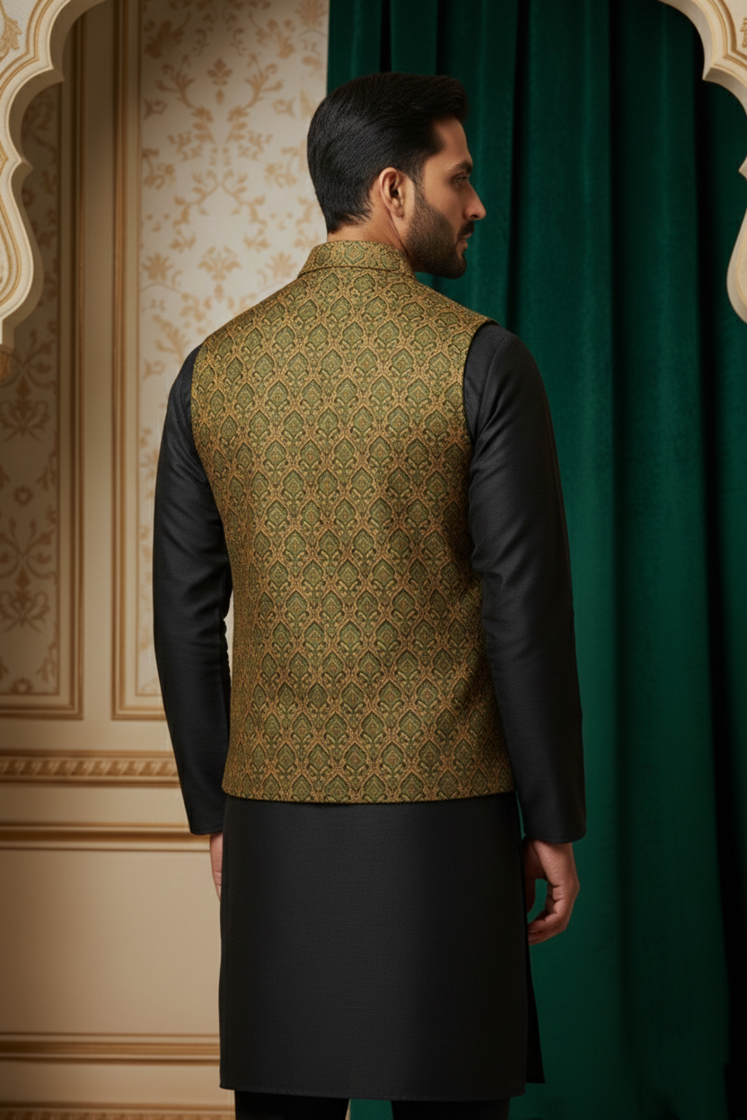 Designer Men’s Brocade Nehru Jacket | Traditional Wedding & Festival Wear Sleeveless Waistcoat with Mandarin Collar