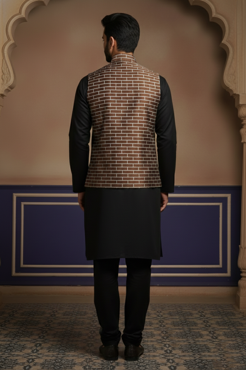 Men’s Brown Nehru Jacket with White Line Pattern
