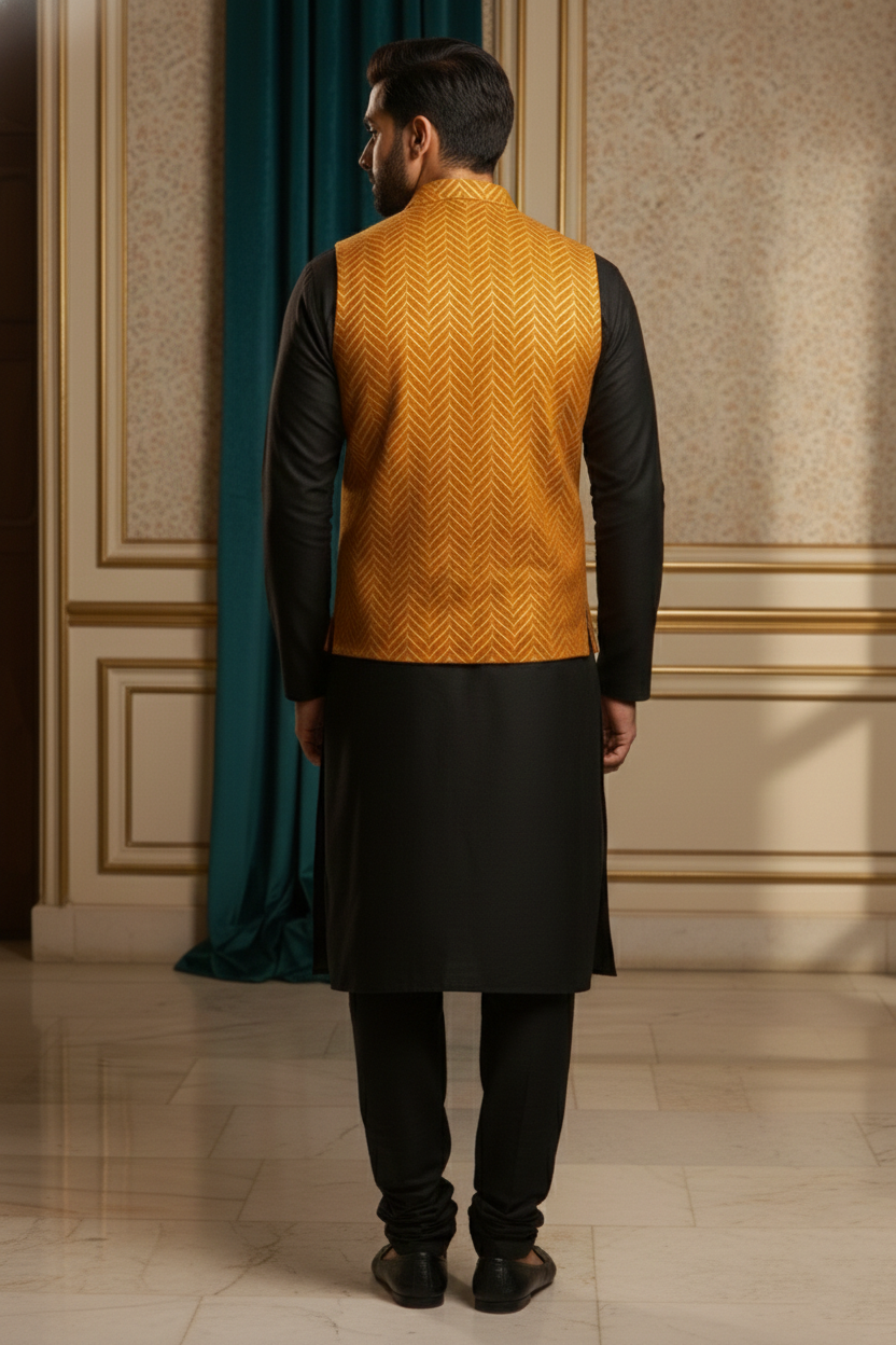 Men’s Mustard Brocade Nehru Jacket | Ethnic Wedding Festive Party Wear Sleeveless Waistcoat with Mandarin Collar for Kurta & Indo Western Outfit