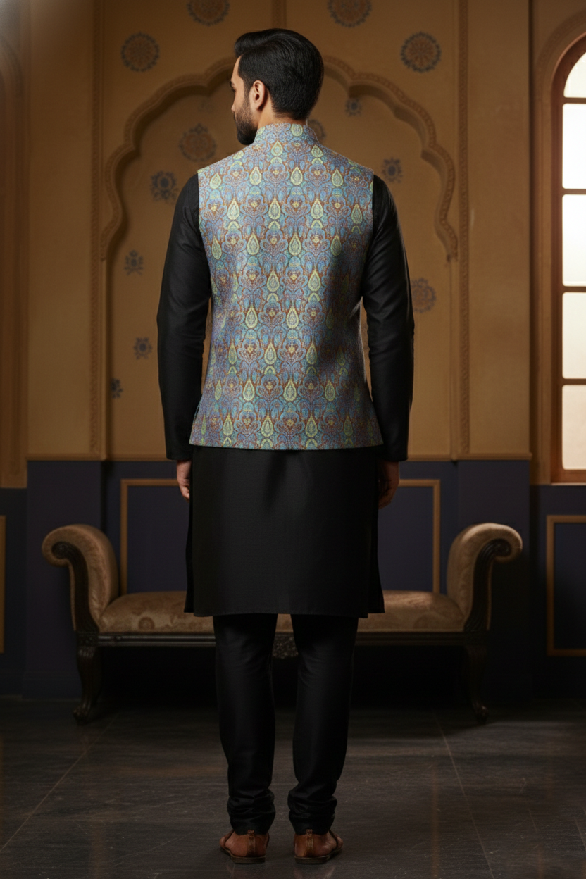 Men’s Blue Printed Nehru Jacket | Ethnic Mandarin Collar Waistcoat for Festive & Wedding Wear