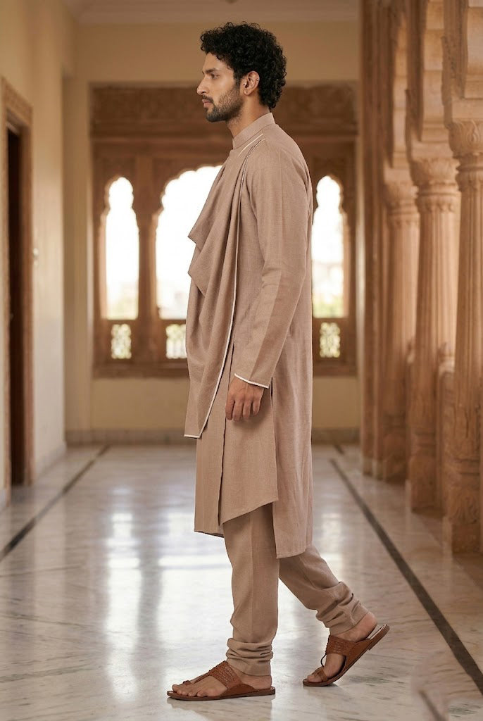 Men's Beige Draped Asymmetric Designer Kurta Pajama