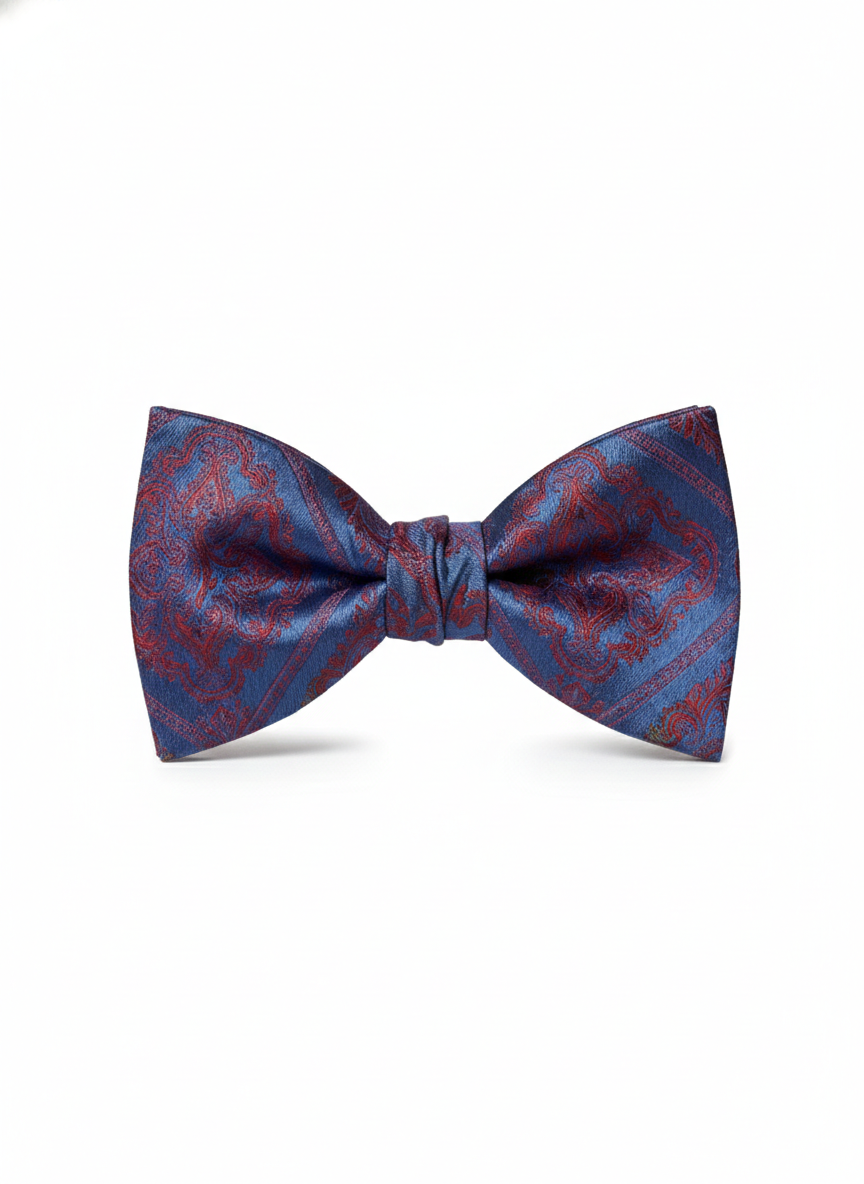 Sophisticated Blue and Red Crimson Paisley Pre-Tied Bow Tie