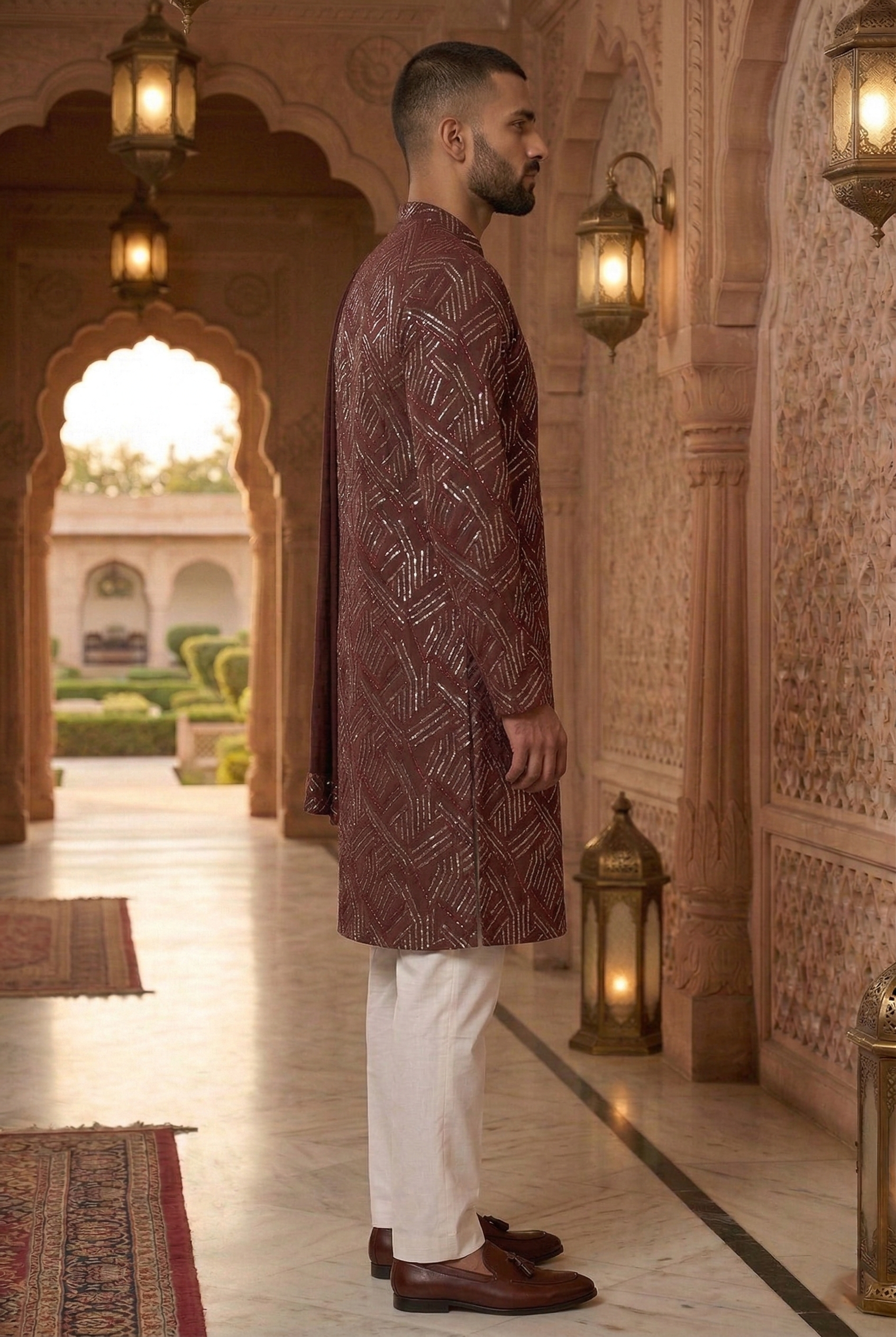 Wine Geometric Foil Print Partywear Kurta Pajama  Set