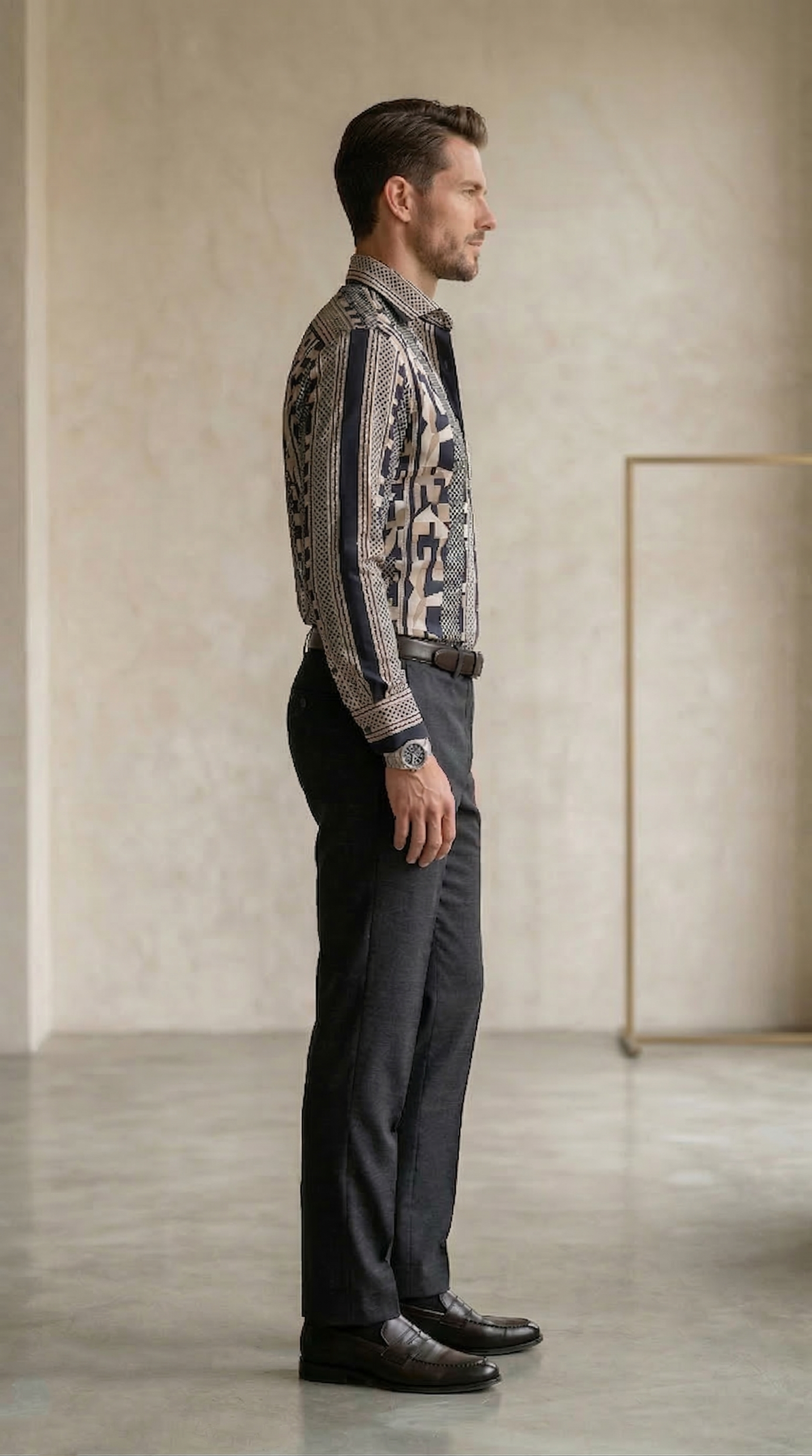 Men’s Slim-Fit Mosaic Geometric Print Silk-Blend Shirt – Midnight & Cream