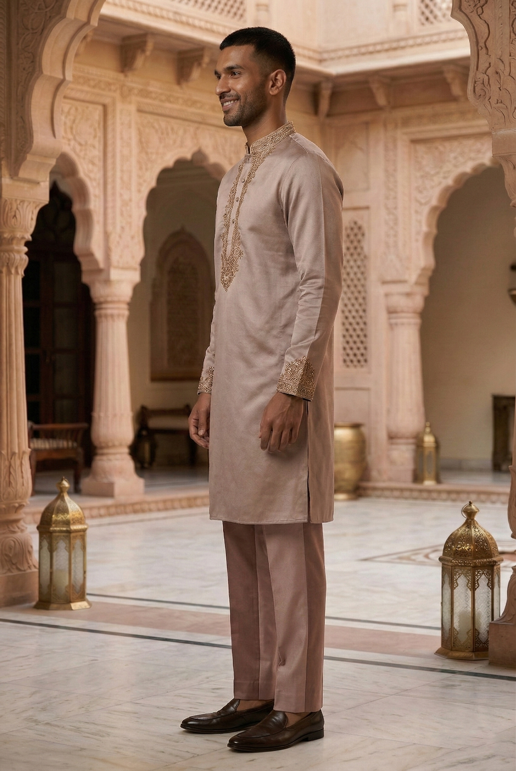 Men’s Taupe Silk Partywear Kurta Pajama Set