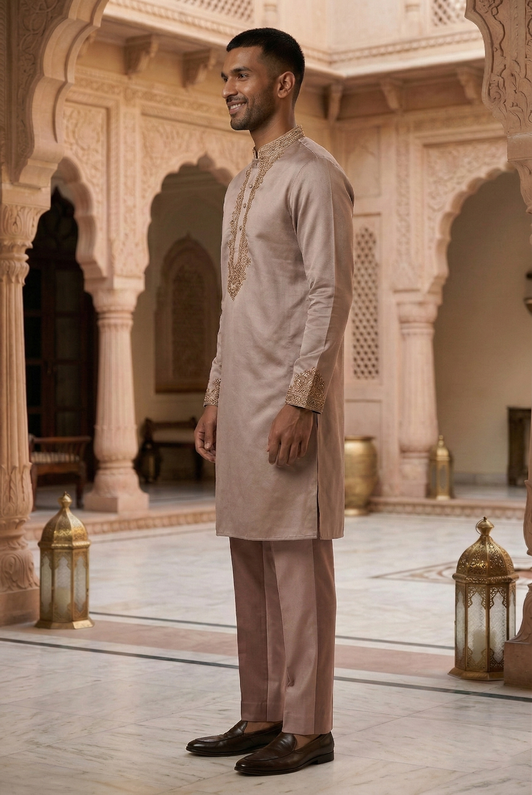 Men’s Taupe Silk Partywear Kurta Pajama Set