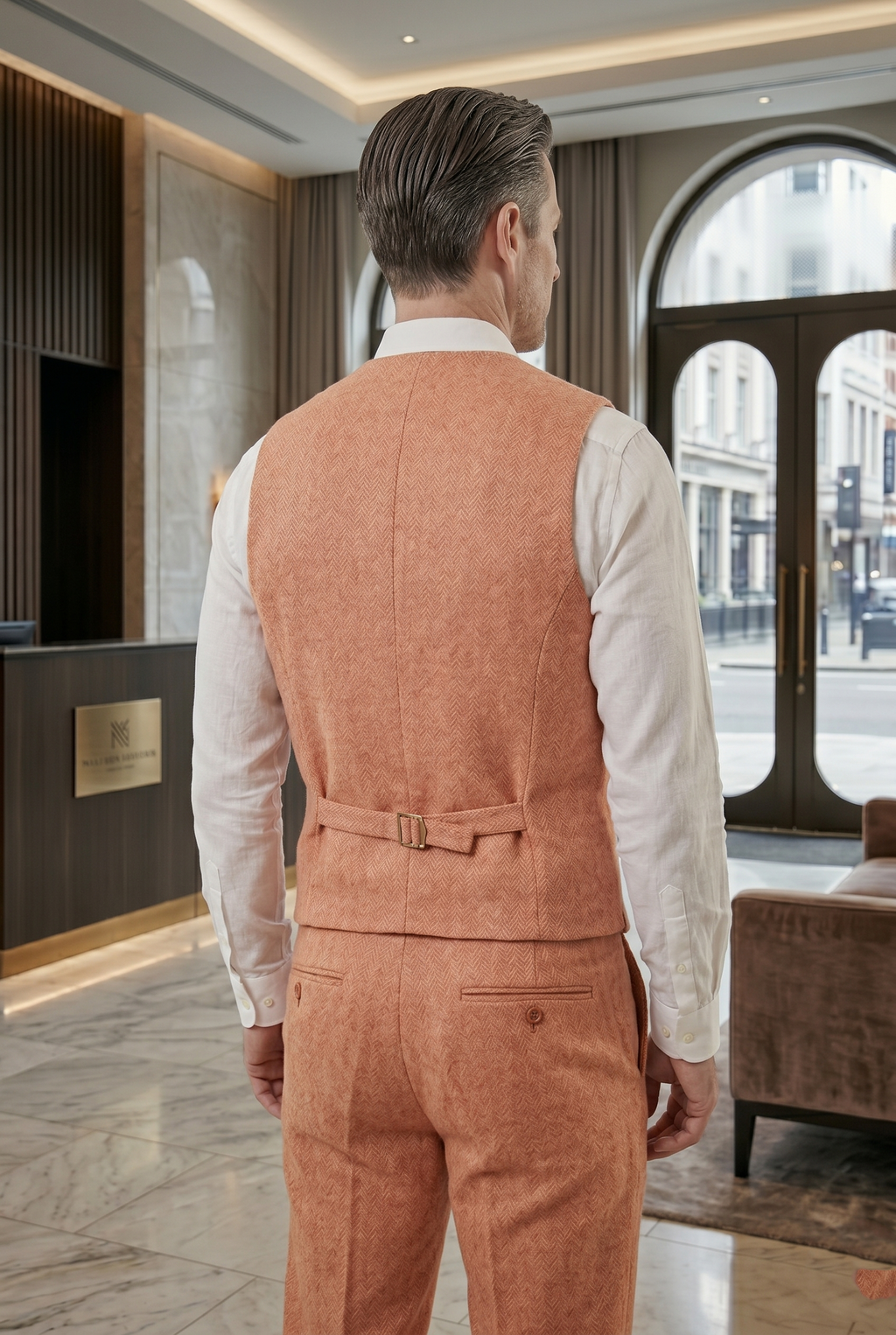 Men's Slim Fit Tweed Waistcoat Vintage Lapel Dress Suit Vest Peach Orange