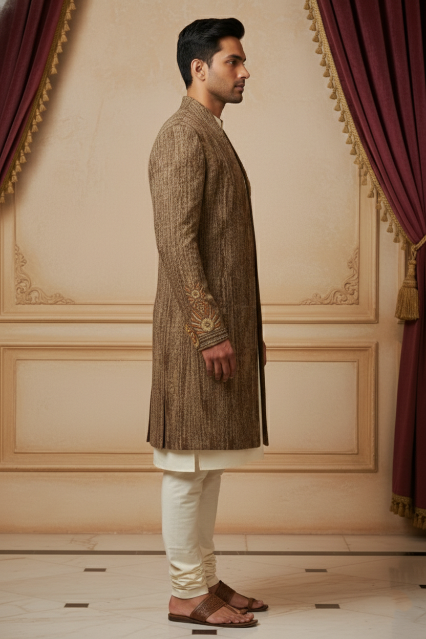 Bronze Earth Textured Open-Front Sherwani