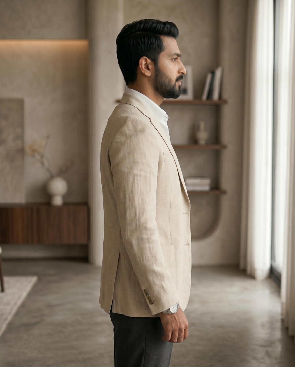 Premium Men's Slim Fit Cream Linen Blazer Textured Single Breasted Suit Jacket