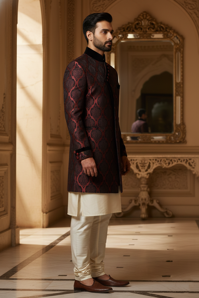 Maroon Velvet Accented Asymmetric Sherwani