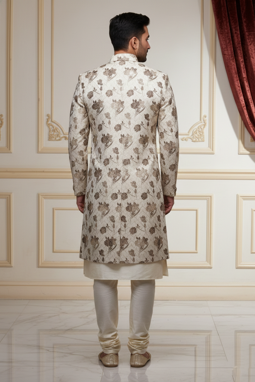 The Pearl Blossom: Ivory & Gold Floral Sherwani