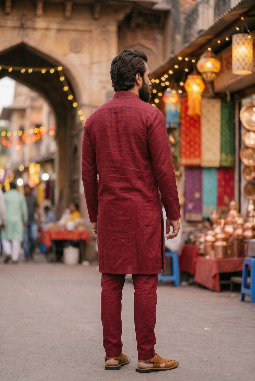 Men's Maroon Linen-Blend Plain Kurta Pajama Set