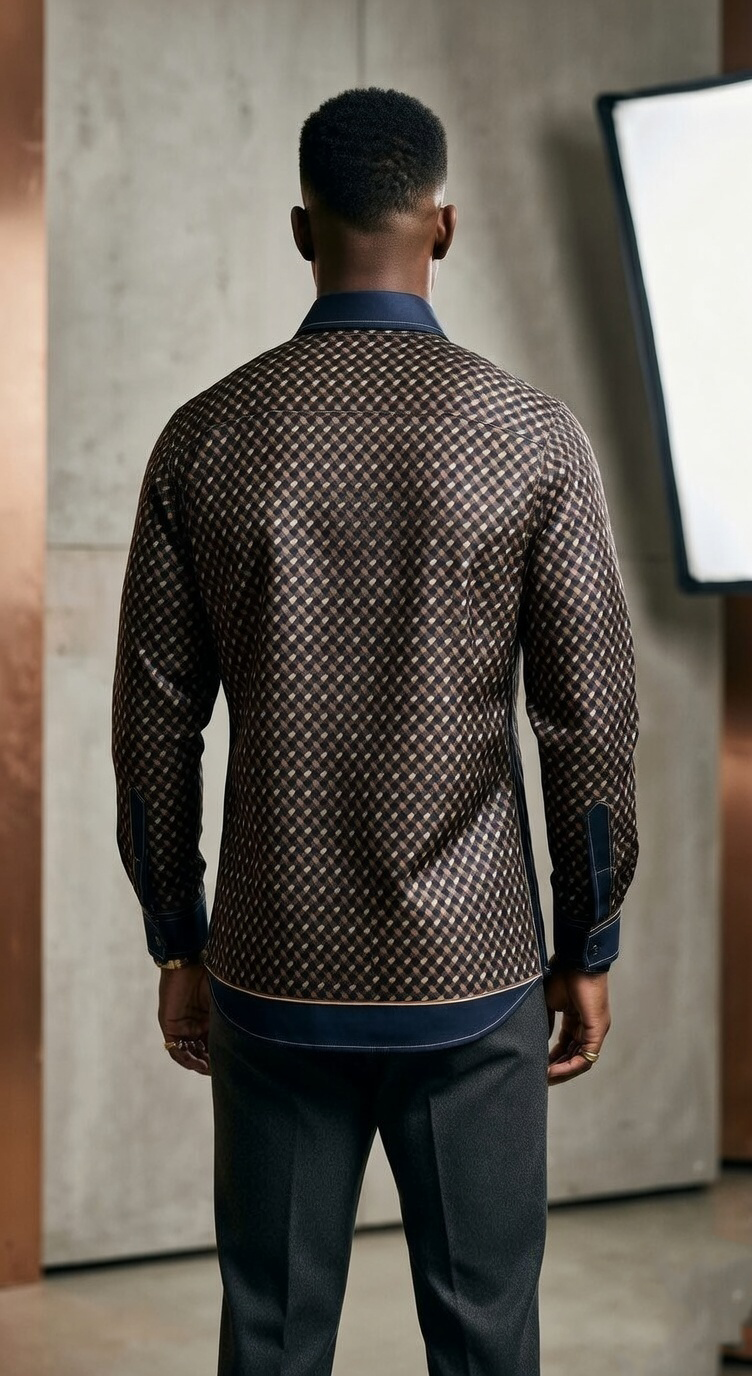 Men’s Designer Engineered Silk-Sateen Scarf-Print Shirt – Midnight & Bronze Gold