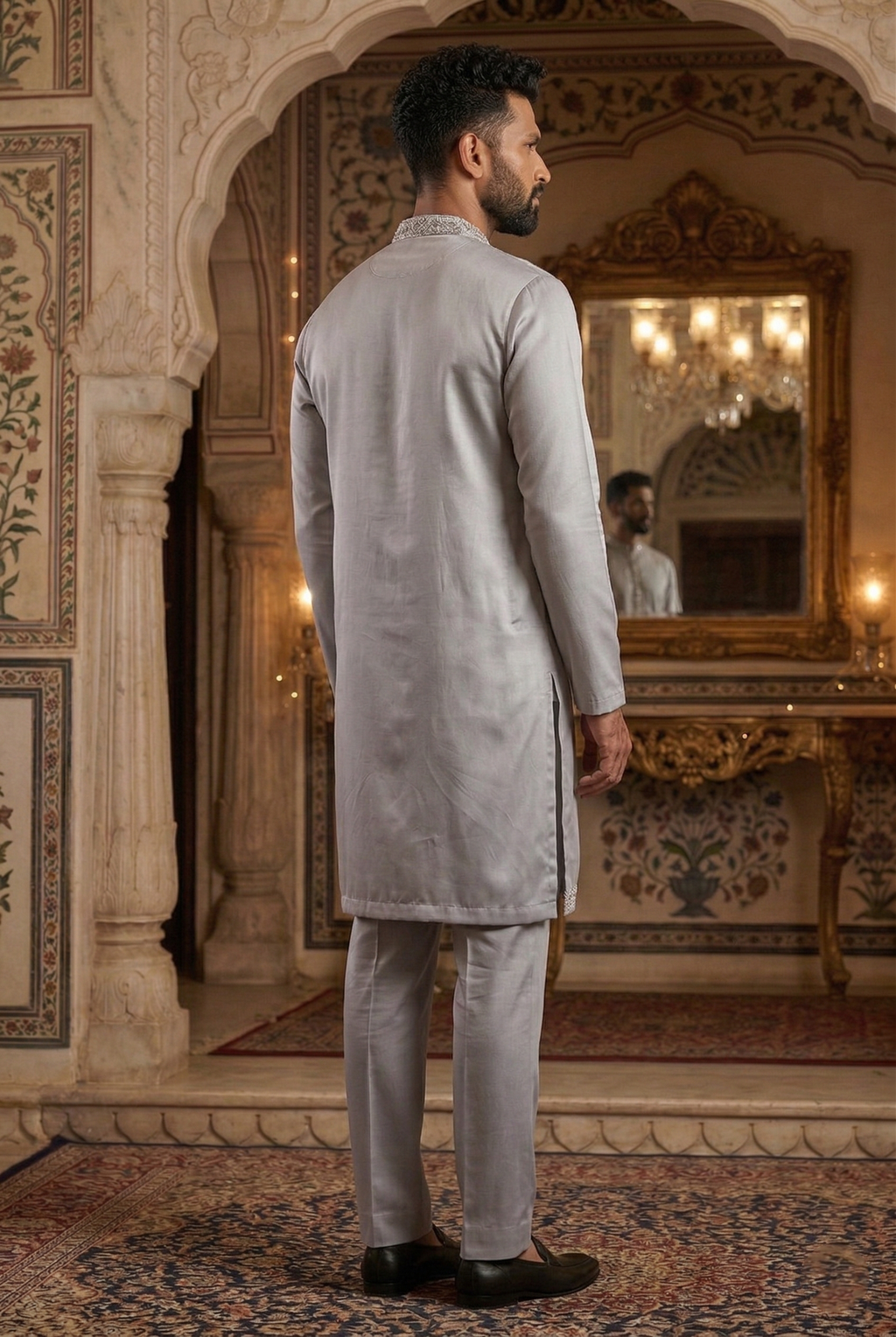 Men’s Silver Silk-Blend Partywear Kurta Pajama