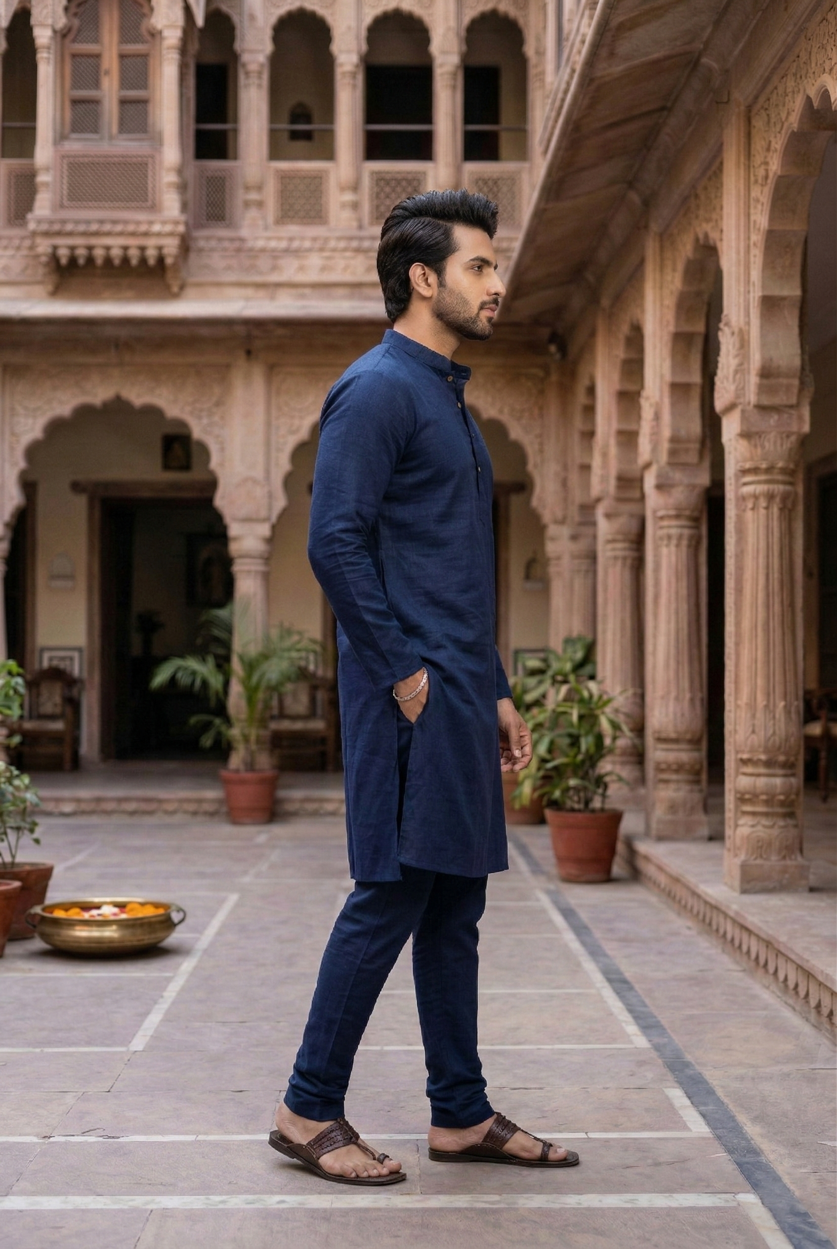Men's Navy Blue Cotton Silk Plain Kurta Pajama  Set