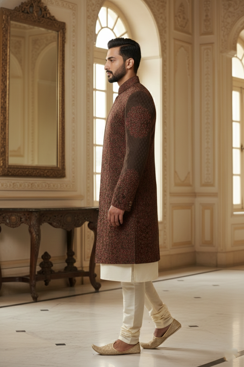 The Terra-Earthy: Dual-Toned Intricate Sherwan