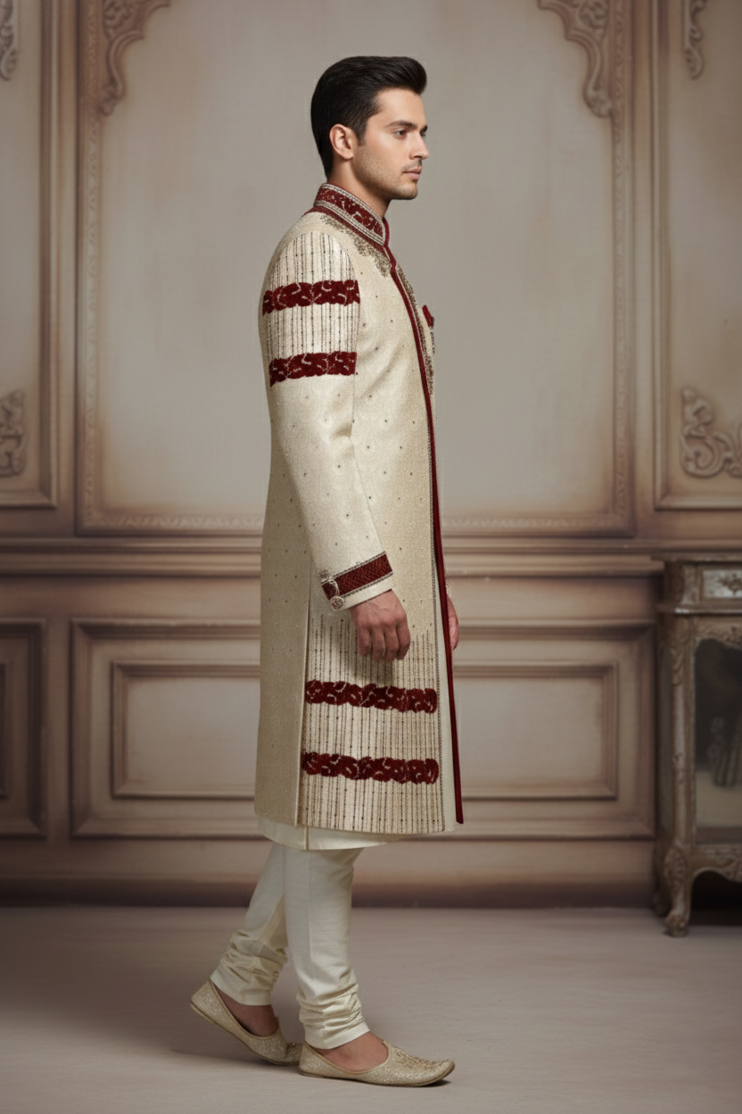 The Crimson Crest: Ivory & Maroon Accented Sherwani
