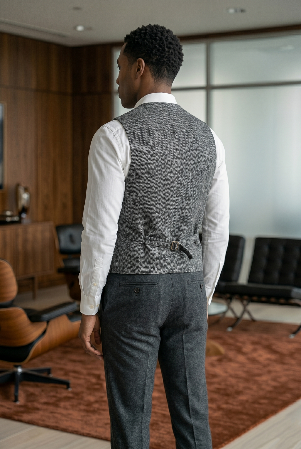 Men's Slim Fit Tweed Waistcoat Vintage Lapel Dress Suit Vest Charcoal Grey