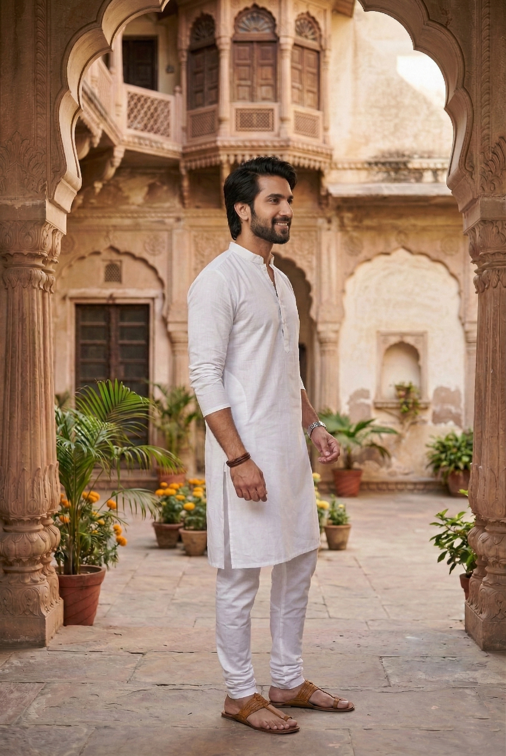 Men's Pure White Cotton Linen Plain Kurta Pajama Set