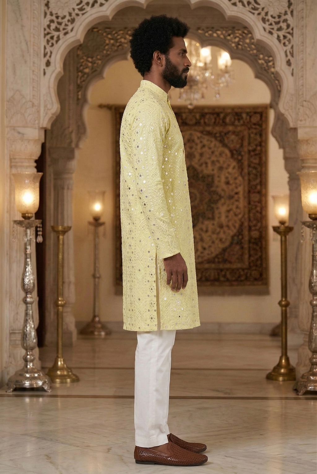 Men’s Lemon Yellow Mirror Work Partywear Kurta Pajama