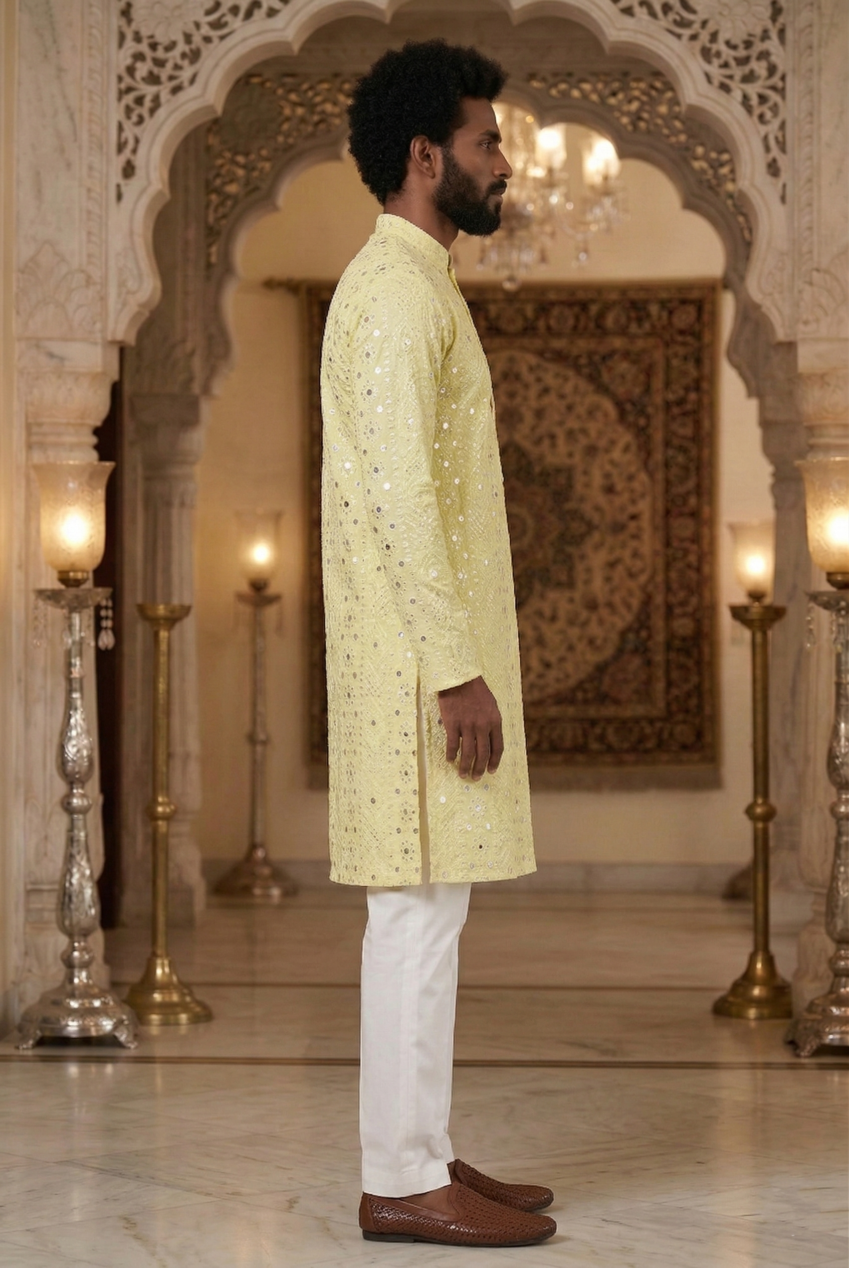Men’s Lemon Yellow Mirror Work Partywear Kurta Pajama