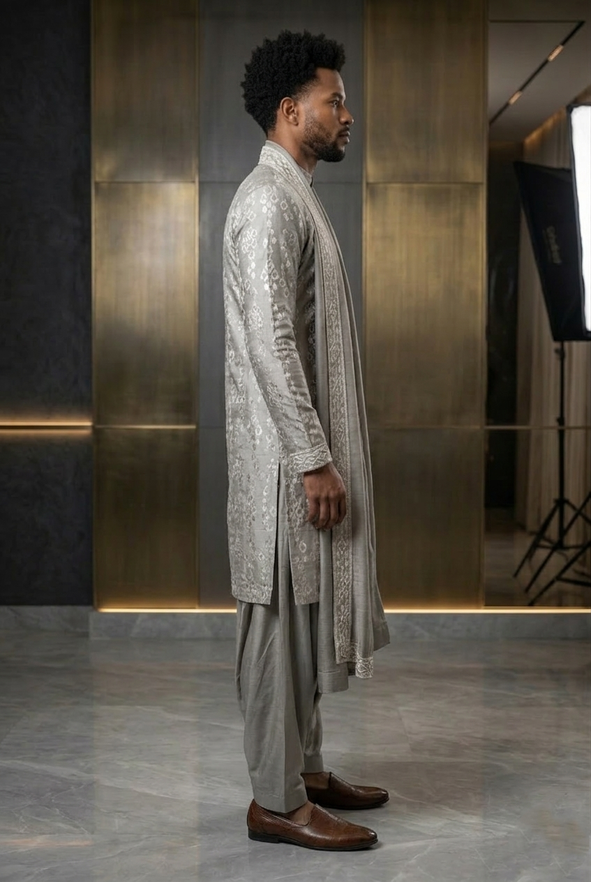 Men’s Silver Silk Designer Kurta Pajama with Stole
