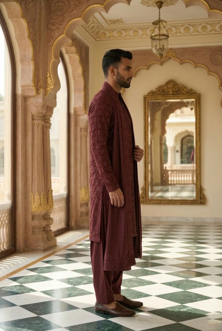 Men's Wine Geometric Sequin Designer Kurta  Pajama