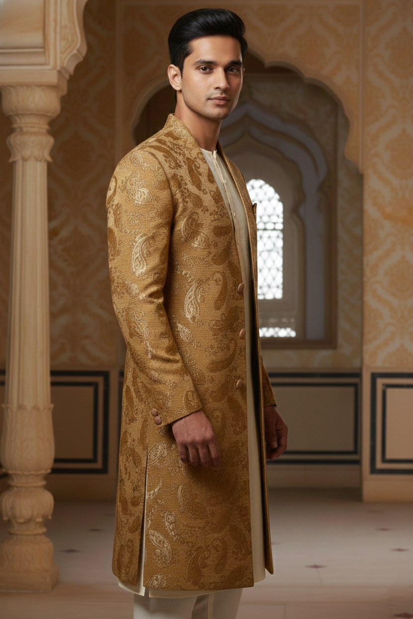 The Gilded Heritage: Gold Brocade Sherwani Set