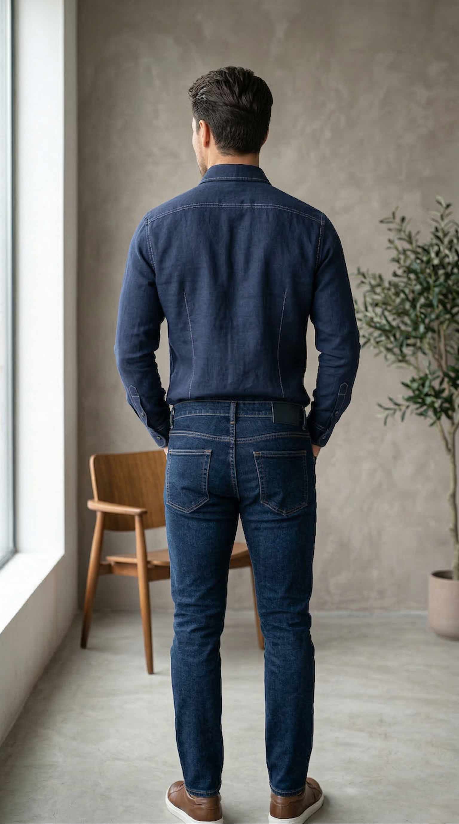 Men’s Deep Indigo Denim-Look Casual shirt with Contrast Topstitching