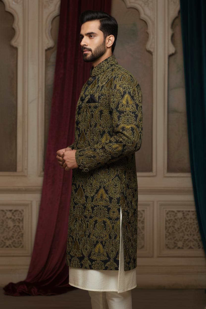 Golden Olive Baroque Fusion Indo-Western Sherwani