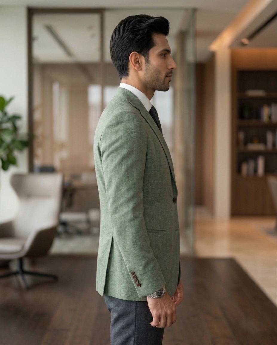Premium Men's Slim Fit Olive Green Blazer Textured Single Breasted Suit Jacket