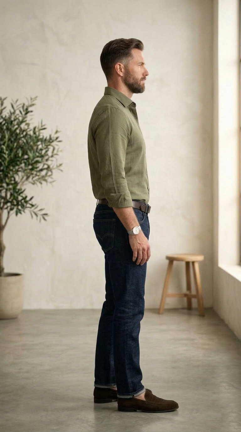 Men’s Premium Linen-Blend Button-Down Shirt in Olive Drab