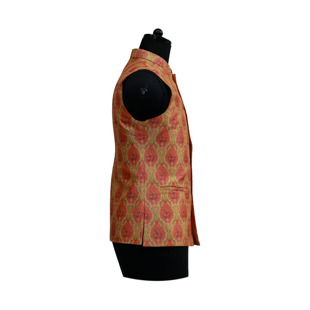 Men’s Red & Gold Patterned Nehru Jacket with Ivory Kurta  Pajama – Royal Festive Wear