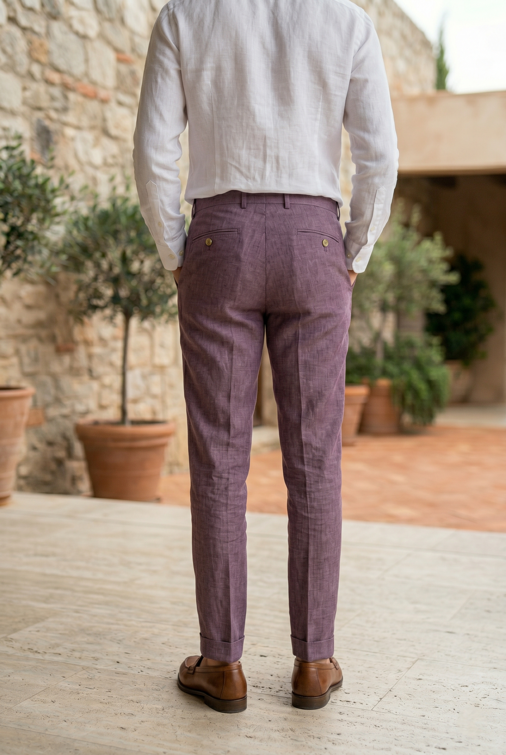 Men's Tailored Slim-Fit Linen Trousers in Mauve
