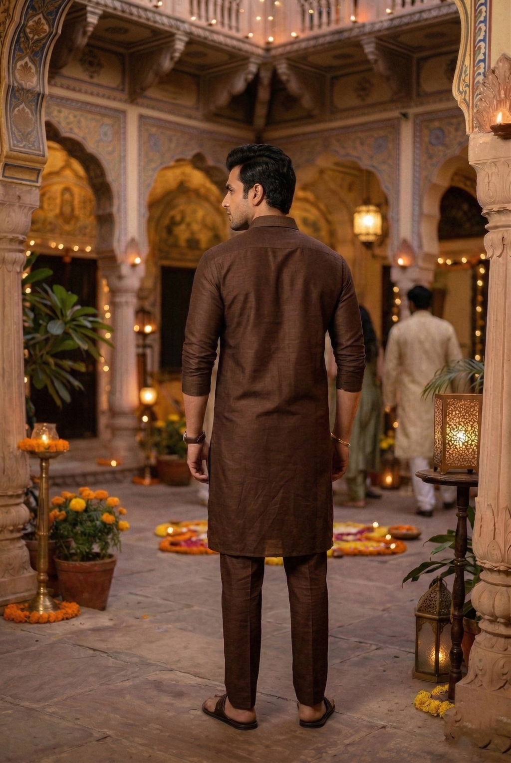 Men's Chocolate Brown Silk-Blend Plain Kurta  Pajama Set