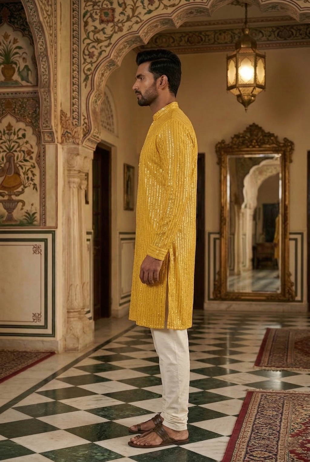 Men's Mustard Yellow Sequin Designer Kurta  Pajama