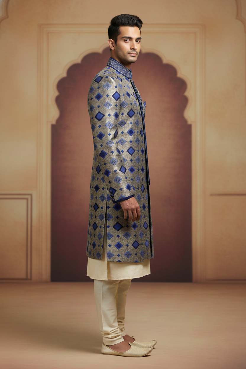 The Cobalt Lattice: Geometric Silk Sherwani